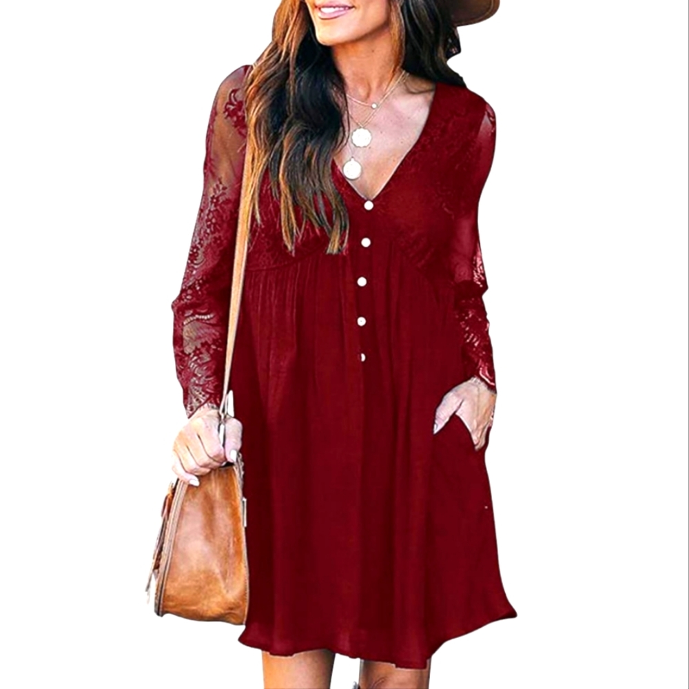 ZANZEA Wine Red Lace Sleeve V Neck Empire Waist Mini Dress XXL NWOT